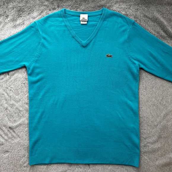 LACOSTE V-Neck Cotton Knit Sweater Blue Teal Size 8 (3XL) - Picture 2 of 15